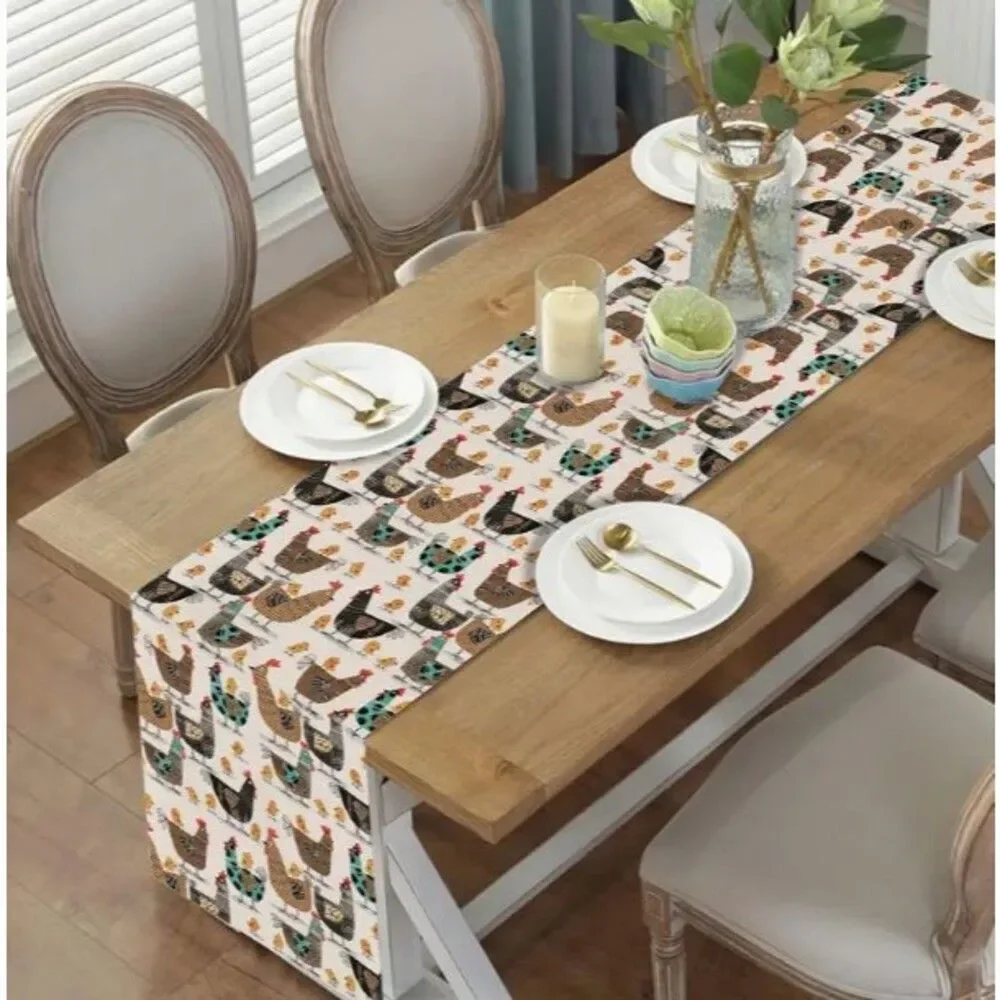 Table Runner 13x90in Woven Polyester Chicken and Chicks Farmhouse Country